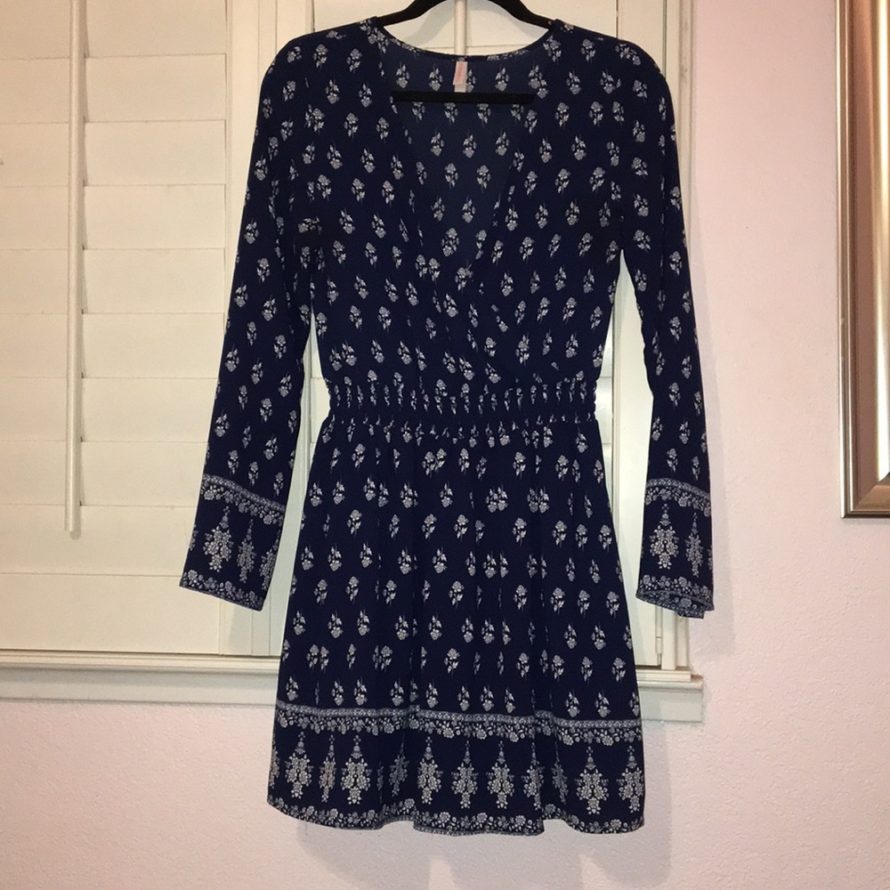 Navy Blue and White Long Sleeve Dress